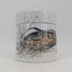 Duckling Nest Porcelain Trinket Jewelry Stash Box Lidded 1970s Mary Mugg Enesco